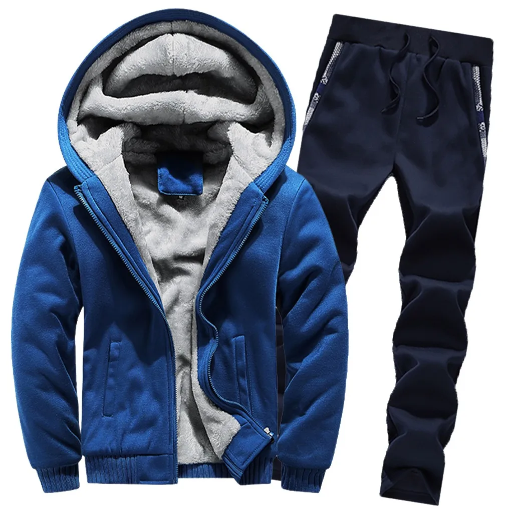 Blue Зимний спортивный костюм, мужской комплект из плотного флиса, толстовки+ штаны, костюм на молнии, толстовка с капюшоном, спортивная одежда, комплект, мужская толстовка с капюшоном, спортивные костюмы - Цвет: Blue