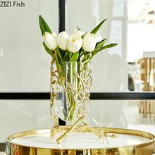 Скандинавские креативные металлические стеклянные вазы латунные Золотые листья из ротанга цветочные композиции современные декоративные для дома орнаменты свадебное украшение