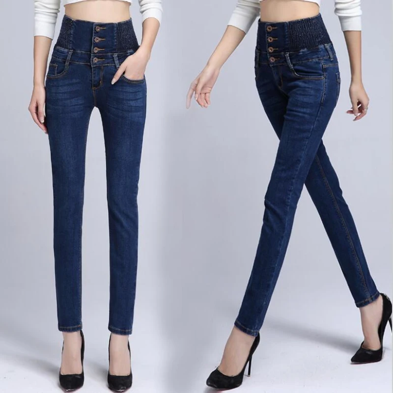 Обтягивающие штаны с высокой талией, женские зимние джинсы с эластичной резинкой на талии, повседневные джинсы больших размеров для женщин, теплые джинсы