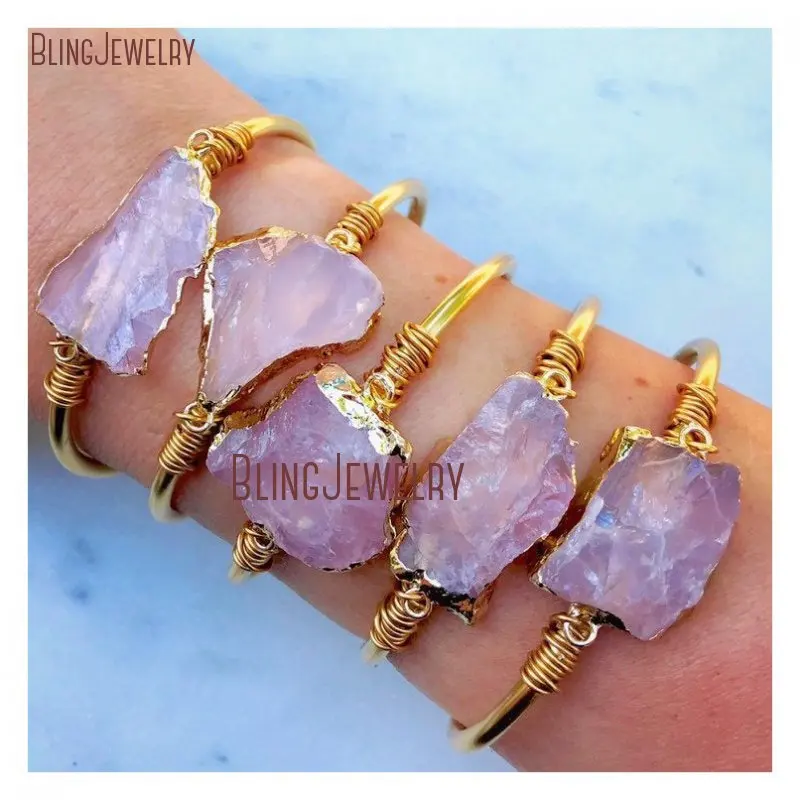 Boho шикарный открытый золотой браслет розовый кварц браслет манжета BM27692