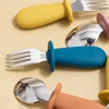 New Design Baby Feeding Solid Food Spoon Fork Set BPA Free Silicone Handle Cartoon Bear Stainless Utensil Children's Tableware 4
