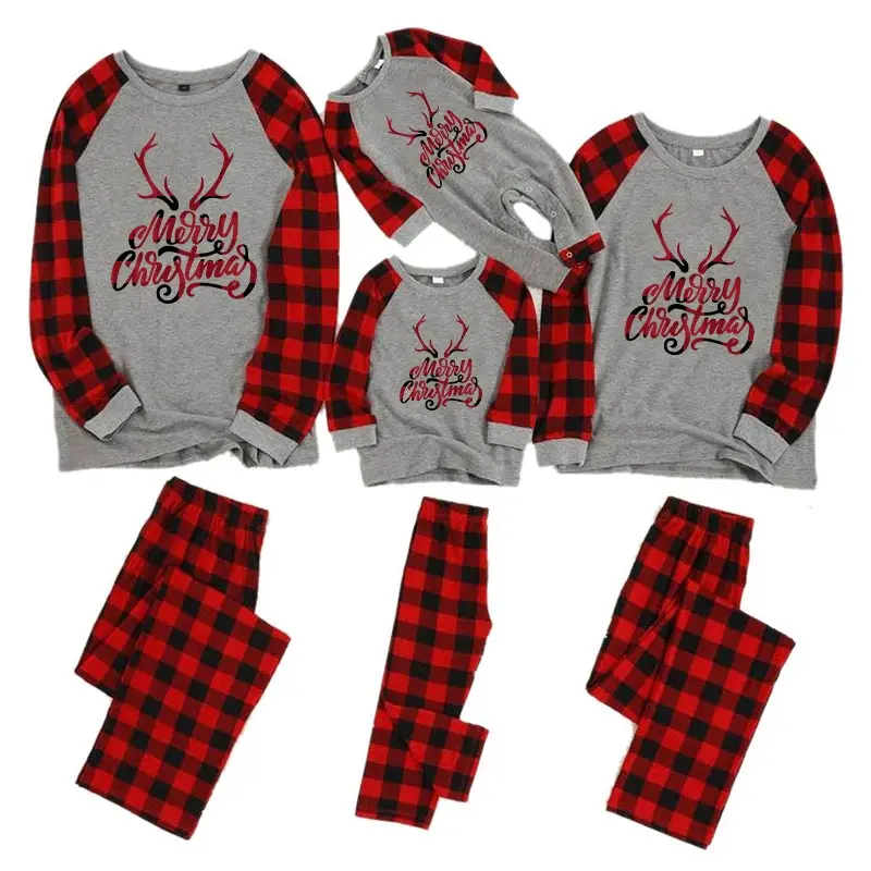 

New 2019 Christmas Family Pajamas Set Mother Daughter Clothes Father Son Sleepwear Red Plaid Patchwork Gray T-shirt Pants Suit