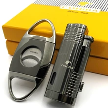 COHIBA черная металлическая сигарная ветрозащитная зажигалка, 3 фонарь, Пламенный сигаретный сигарный резак, многоразовые зажигалки с сигары, подарочный набор
