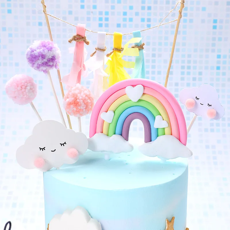 Polymer Clay Rainbow Cute Smile Cloud Star Theme Cake Topper Beautiful Cotton Balls Kids Favors Party Supplies Cake Decoration