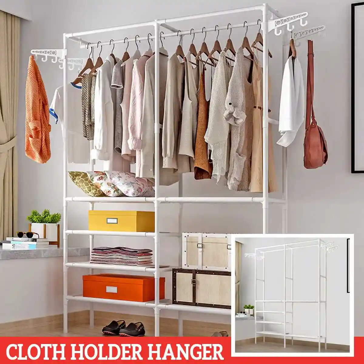 Bamboo Coat Rack Floor Standing Clothes Hanging Storage Shelf Clothes