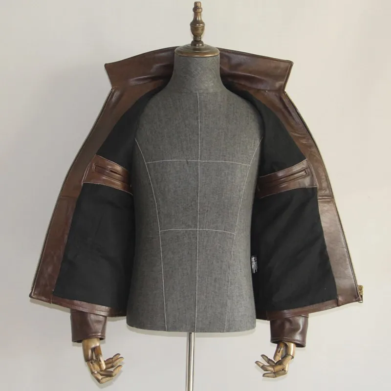 

2020 Dark Brown Men American Casual Style Leather Jacket Plus Size 4XL Genuine Cowhide Autumn Slim Fit Leather Coat