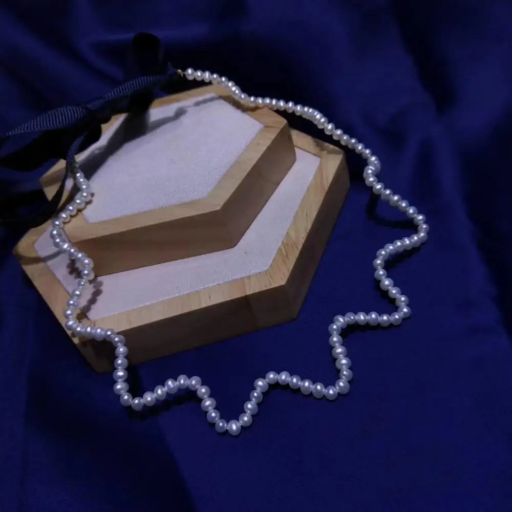 

Original Handmade unique natural freshwater white pearl 4mm wave choker necklace bow