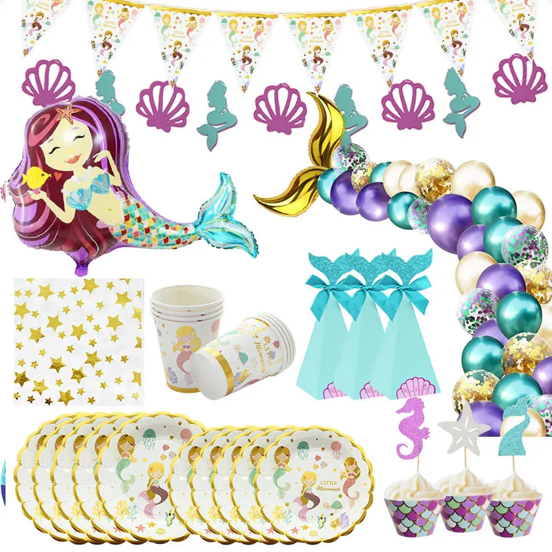 Baby 1st Happy Birthday Party Set Mermaids Party Tableware Paper Cups Plate Latex Balloons Baby Shower Party Decorations