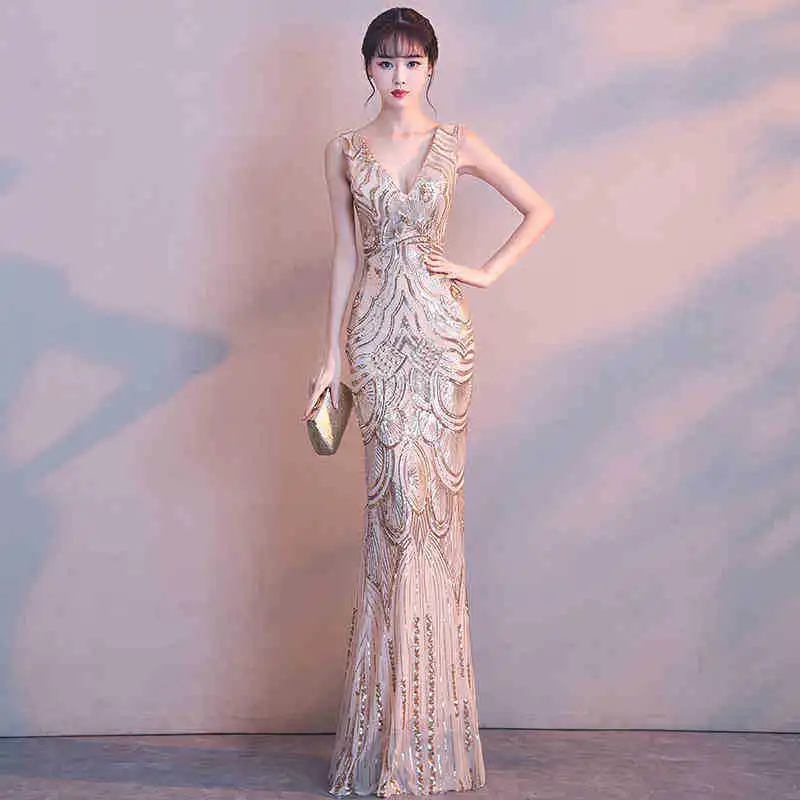 Модное сексуальное длинное Cheongsam с блестками, современное китайское винтажное платье с глубоким v-образным вырезом Qi Pao, женское китайское вечернее китайское платье-Ципао, тонкий халат - Цвет: Gold