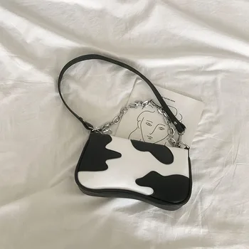 

PU Leather Ladies Chain Underarm Shoulder Bags Cute Cow Pattern Women Armpit Bag Retro Female Baguette Handbag Girls Small Purse