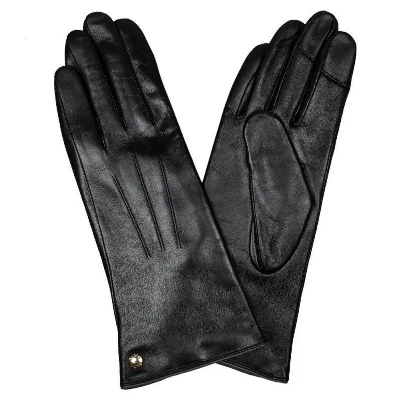 black Модные элегантные женские перчатки для сенсорного экрана, наручные перчатки из натуральной кожи, зимние теплые флисовые перчатки из овчины для вождения, перчатки для сенсорного экрана Eldiven - Цвет: black