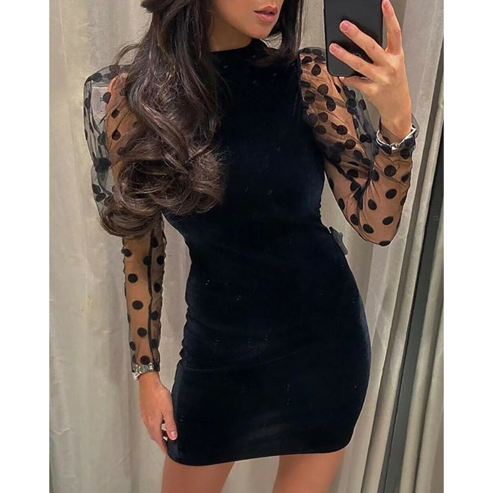 Sexy Women See-through Polka Dot Mesh Tulle Puff Long Sleeve Backless High turtleneck Evening Party Short Mini Pencil Dress | Женская