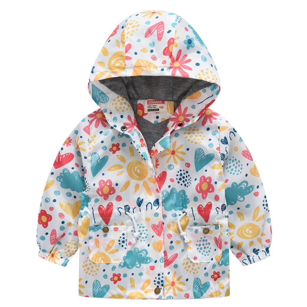 Модная детская куртка с цветочным принтом и звездами, верхняя одежда для детей 2, 3, 4, 5, 6, 7, 8 лет, пальто с капюшоном, Повседневная ветровка для девочек, одежда для мальчиков - Цвет: Белый