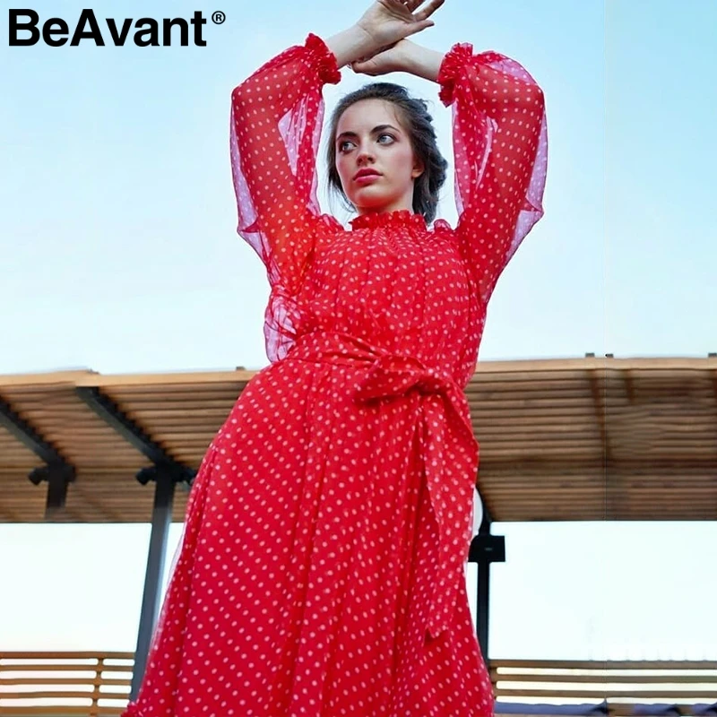 Online BeAvant Polka dot red autumn winter dress women Elegant lantern sleeve long party dresses Ruffle o neck black ladies vestidos