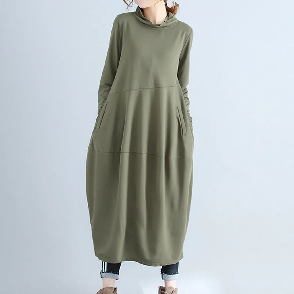 nuevos trajes модное женское длинное платье с длинным рукавом, водолазка, однотонное Плиссированное льняное свободное платье espalda cruzada para mujer