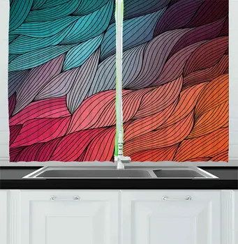 

Colorful Kitchen Curtains Hand Drawn Waves Texture Curly Conceptual Fur Feather Psychedelic Design Window Drapes for Kitchen