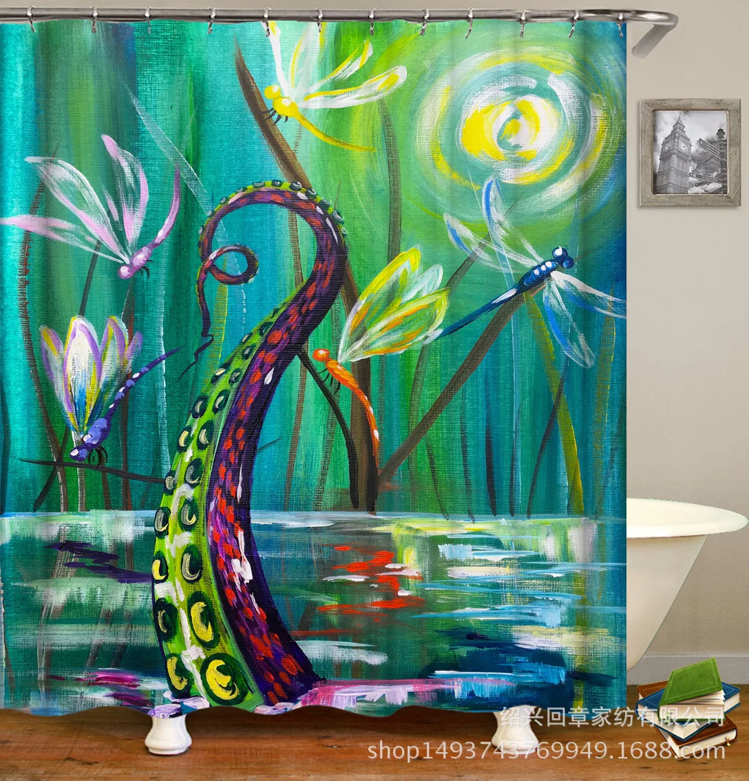 Bamboo Flower Stacked Stone Water Reflection Series Digital Printing Shower Curtain Waterproof Mould Proof Pure tong kou yan Gra