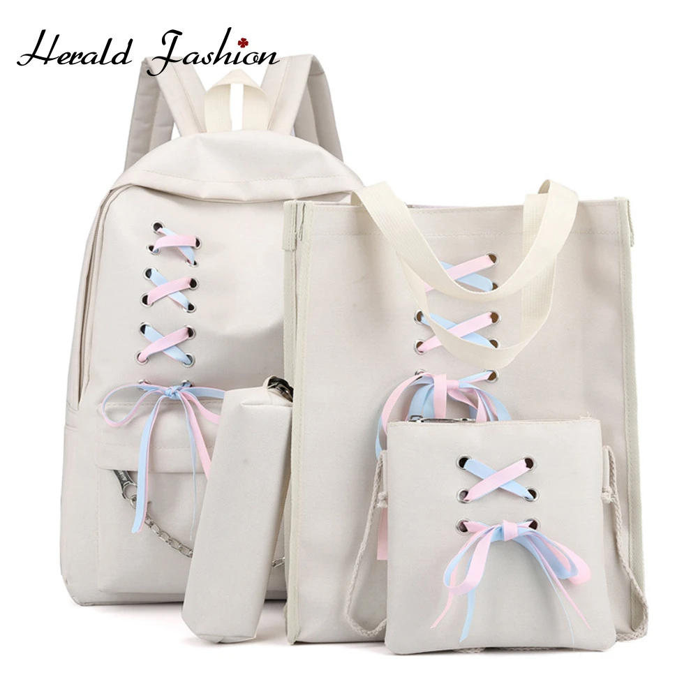 

Herald Fashion 4Pcs/Set Ribbon Bowknot Backpack Solid Canvas Hair Ball Backpack Holiday Basic Backpacks For Girls School Bag