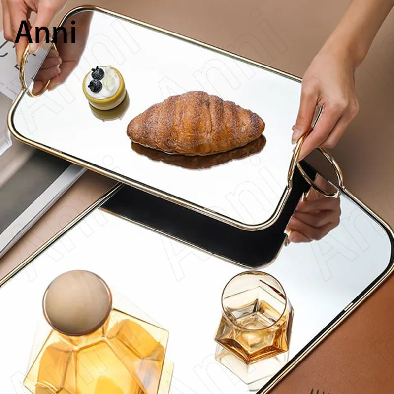 

Стеклянные зеркальные лотки с золотым ходом, Декоративные Современные креативные металлические лотки в скандинавском стиле с металлической ручкой для хранения ювелирных изделий, косметики, лоток для хранения, домашний декор