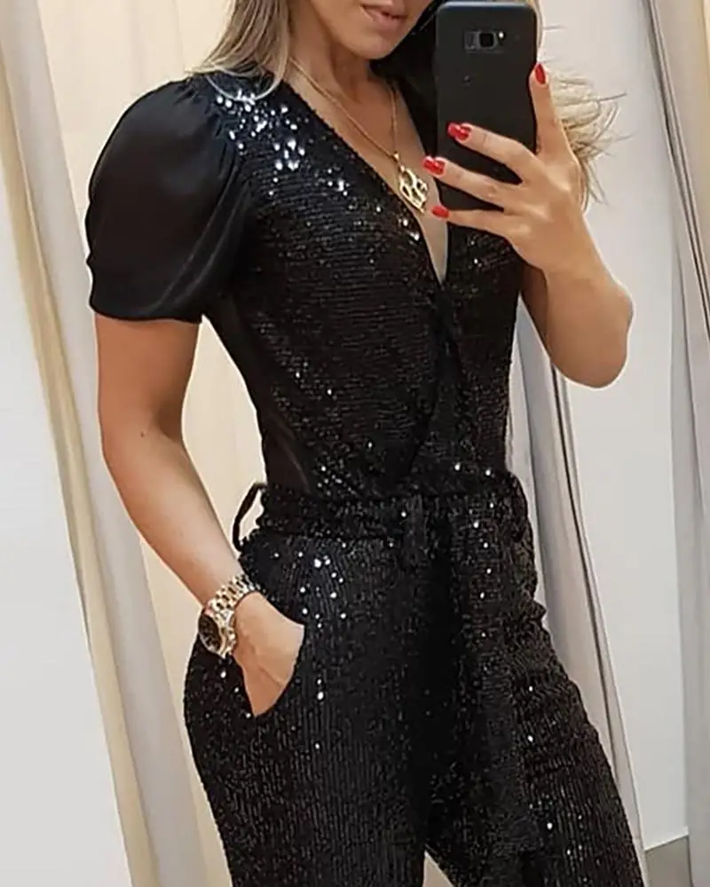 Sequins Patchwork Mesh Jumpsuit Sexy V Neck Short Sleeve Pockets Design Slim Rompers Womens Jumpsuit One Piece Overalls Clubwear
