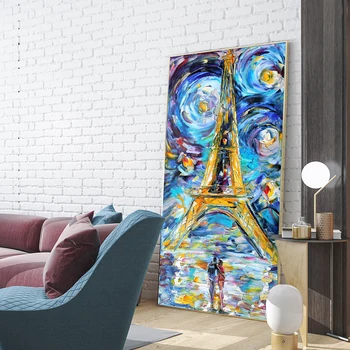 Couple in Starry Night Looking at the Eiffel Tower Painting Printed on Canvas 3