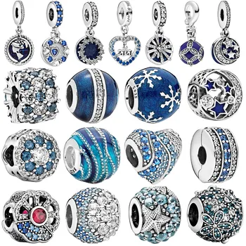 

Genuine 925 Sterling Silver Blue Night Sky Sparkling Star Moon Charms Beads fit Original Pan Bracelets Women DIY Jewelry gift