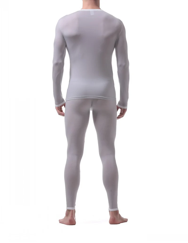 2 шт мужские наборы нижнего белья ультратонкий ледяной Шелковый топ с длинными рукавами + брюки сексуальные мужские пижамы стрейч