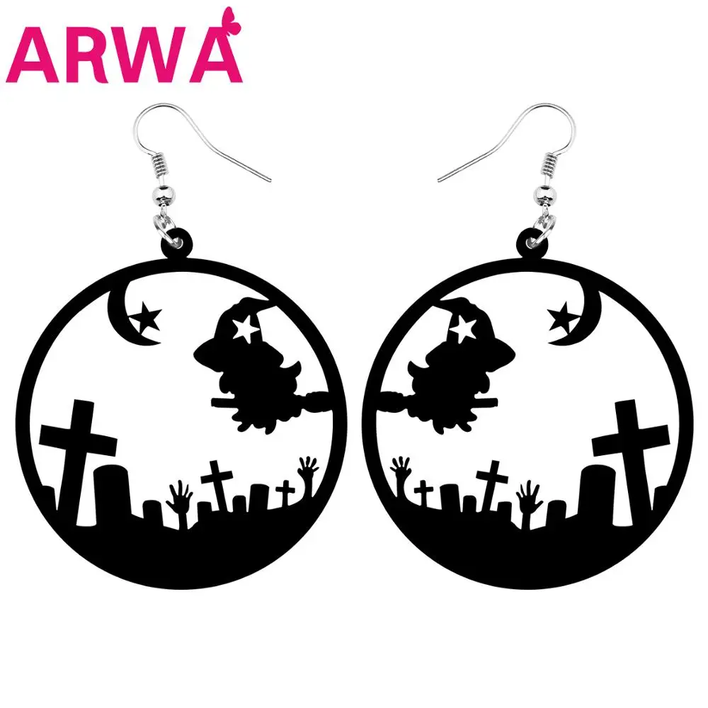ARWA Acrylic Halloween Big Round Circle Hollow Broomstick Witch Grave Zombie Hand Cross Earrings Drop Dangle Girl Kid Charm Gift | Украшения