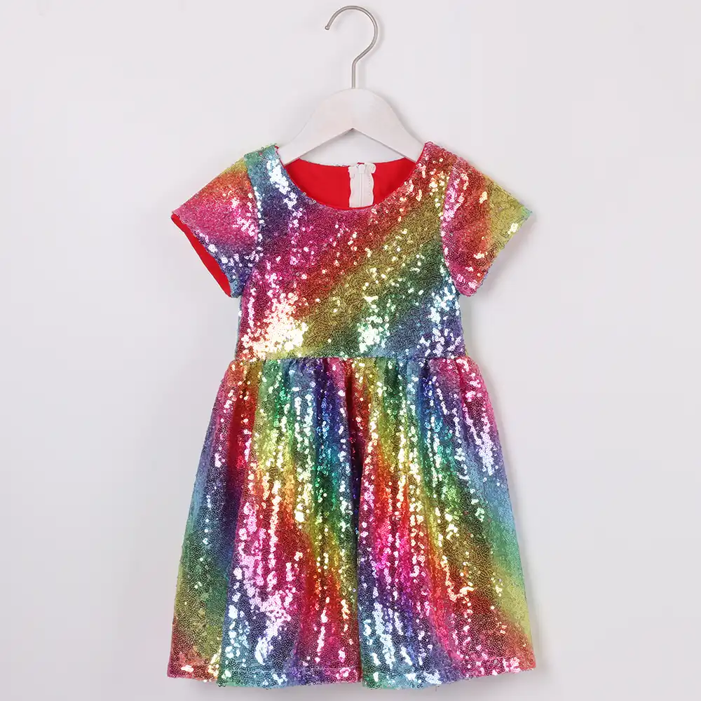 Sequin Dress Girls Rainbow Kids Princess Sparkle Dress Pink