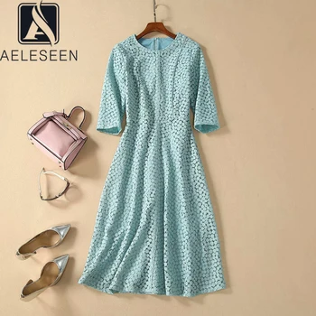 

AELESEEN Luxury Embroidery Flower Sweet A-Line Turquoise Fairy Dresses Women Elegant Lace Hollow Out Mesh Floral Midi Dress