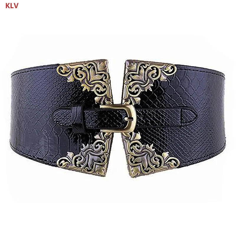 Черный Lady Women Elastic Waistband Faux Leather Wide Waist Belt Retro Metal Buckle DXAA - Цвет: Черный