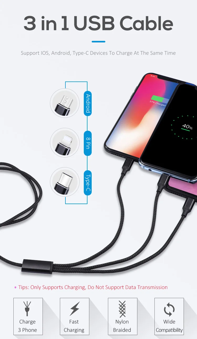 3 в 1 USB кабель мульти микро USB кабель Тип C Быстрая зарядка кабель для iPhone 6S 7 8 XS 11 Pro samsung S9 S10