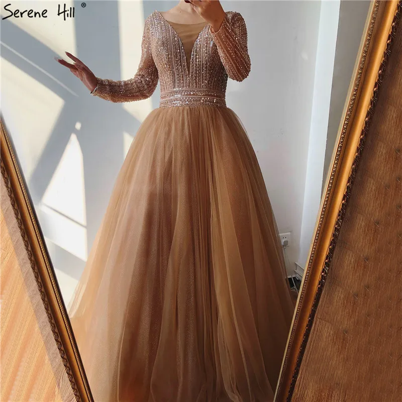 Dubai Pink V-Neck Lace Up Prom Dresses 2020 Long Sleeves Sequins Beading A-Line Long Prom Gowns Serene Hill BLA70237