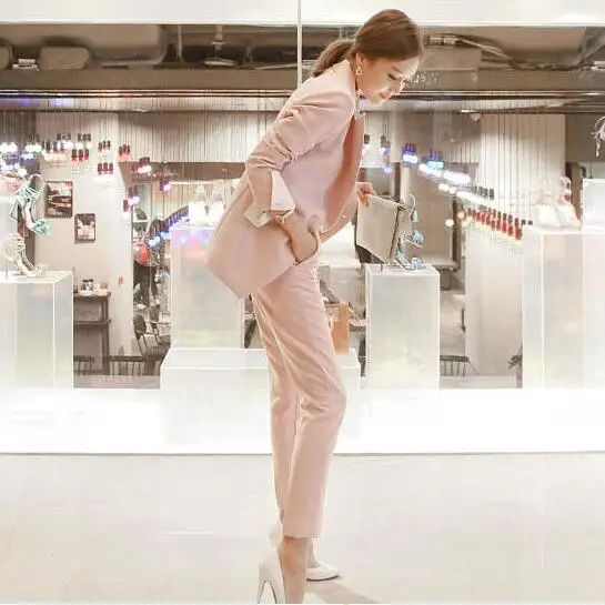 

Two Pieces Set Autumn Business Pink Formal Suits Jackets For Women Work Office Long Sleeve Trouser Suit Nine Pants 2019 AF441