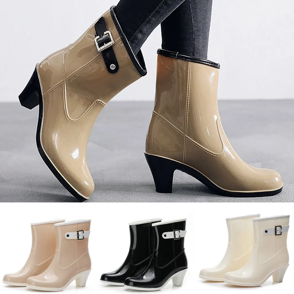 

Woman Shoes Rain Boots Punk Style Mid Snow Boots Women's Non-Slip Rain Boots High Heel Water Shoes Winter 2019 botas mujer