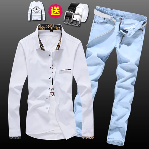 Весенне-осенняя мужская рубашка с длинным рукавом, узкие брюки, джинсы, облегающий комплект из 2 предметов, повседневные рубашки, брюки для мужчин, одежда E53 - Цвет: 4