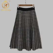 Женский Новая осенняя и зимняя винтажная эластичная юбка миди с высокой талией, плиссированная трикотажная юбка с принтом «гусиные лапки» для женщин, юбки для подиума