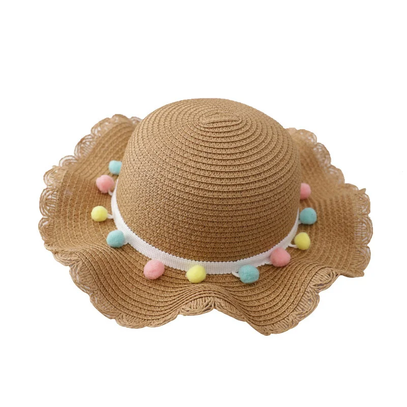 Hot Fashion Hat Bag Set Wavy Straw Hats Colored Balls Cap Single Shoulder Bag for Kids Spring Summer Beach C55 - Цвет: khaki hat