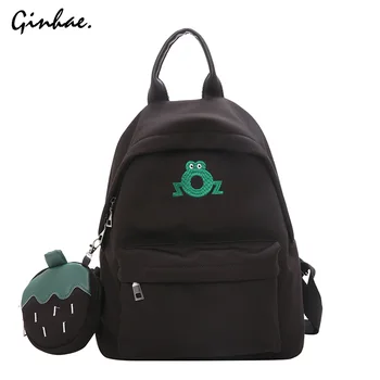 

Casual Nylon 2Pcs/Set Backpack Preppy Style School Bag For Teenage Girls Cartoon Animal Embroidery Travel Bags Strawberry Purse