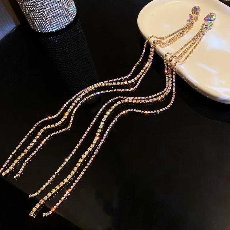 Women Geometric Dangle Drop Long Crystal Tassel Earrings Colorful Rhinestone Oversize Statement Jewelry