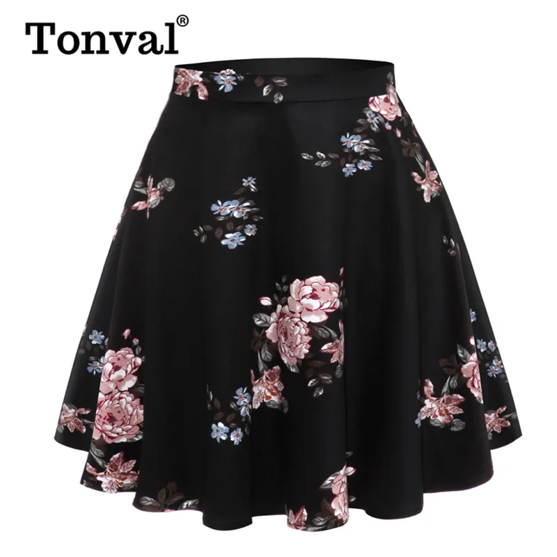 

Tonval Plus Size Floral Print Retro Midi Skirt Women 2019 Elegant A Line Pinup Vintage Style Cotton Swing Skirts