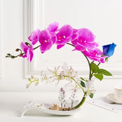Butterfly Orchid Artificial Flowers Set Fake Flower Ceramic Vase Ornament Phalaenopsis Figurine Home Furnishing Decoration Craft - Цвет: 7