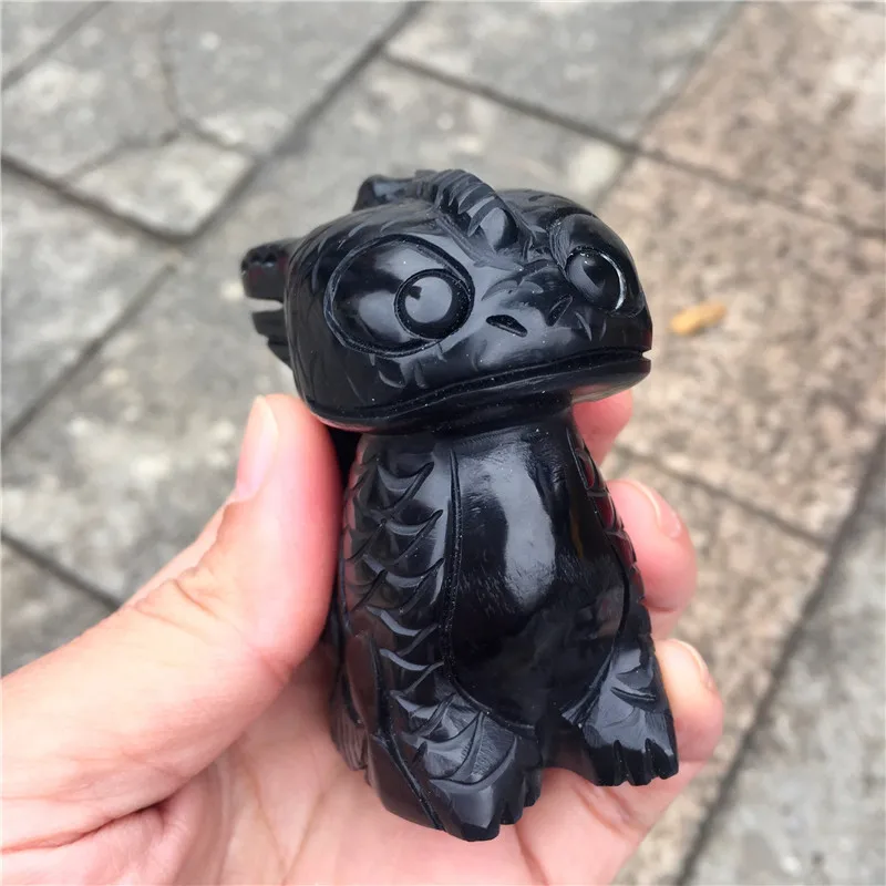 Cute Natural Stone Black Obsidian Handmade Carved Toothless Dragon Polished Animal Powerful Statue For Home Decoration Gift