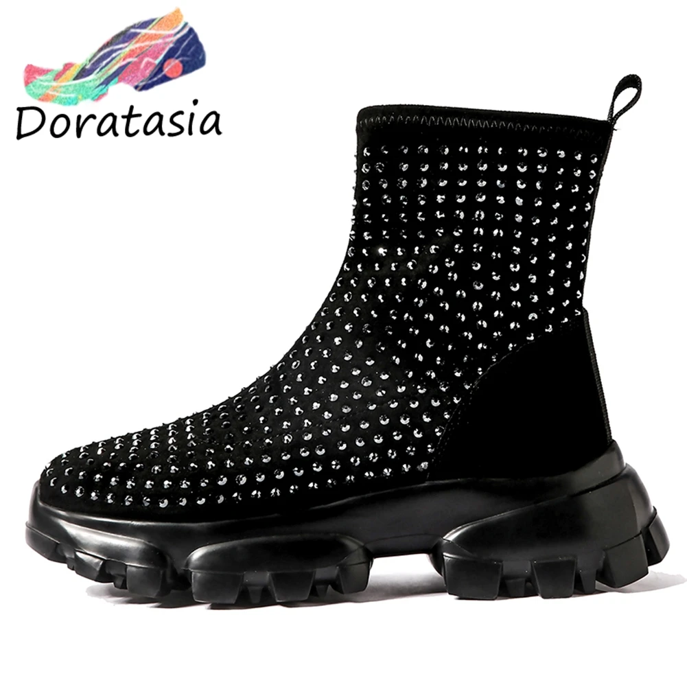 

DORATASIA New Brand Designer Rivet Booties Ladies Genuine Leather Suede Ankle Stretch Boots Women 2020 Platform Shoes Woman