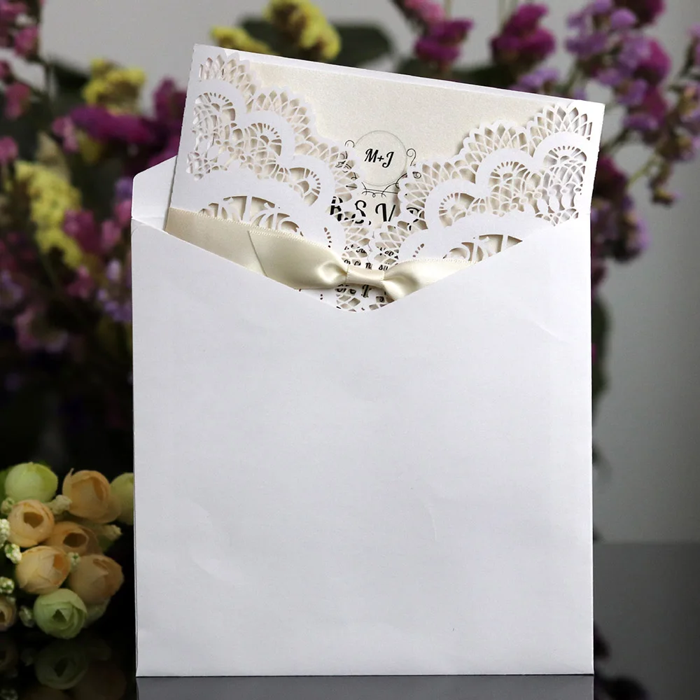  10pcs/Pack Elegant Laser Cut Wedding Invitations Card Paper With Ribbon Envelopes Square Lace Custo - 4.00027E+12