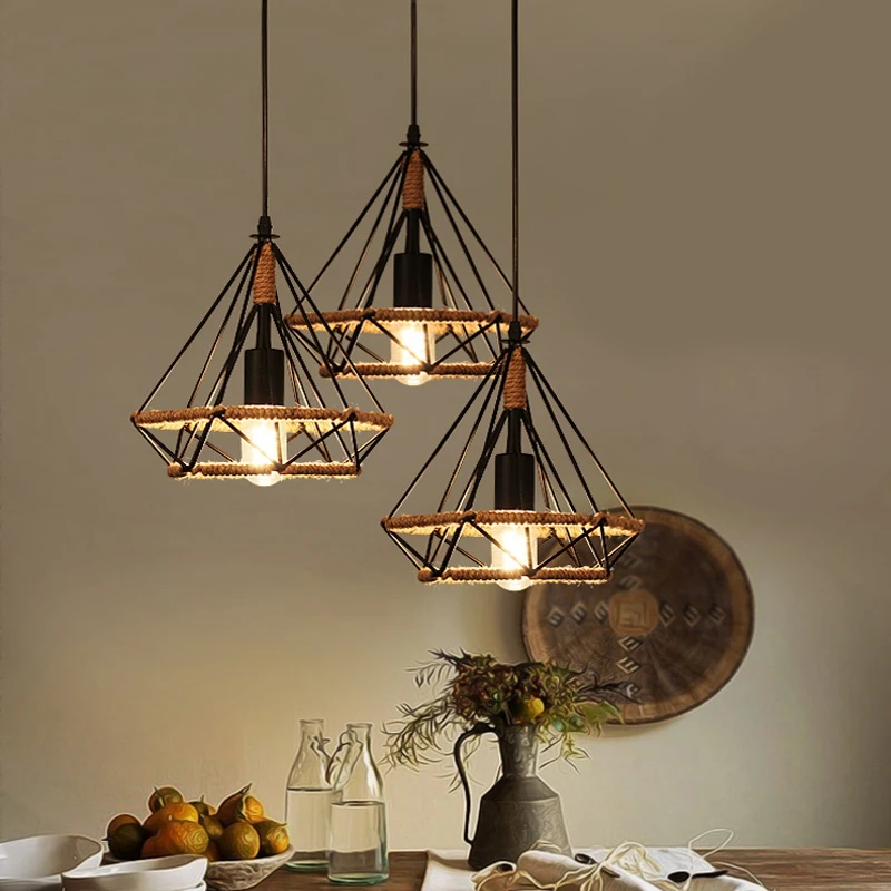 

Nordic Wrought Iron Retro Hemp Ropes Restaurant Chandeliers Industrial Wind Chandeliers Coffee Shop, Bar Table Pendant Lights Cl