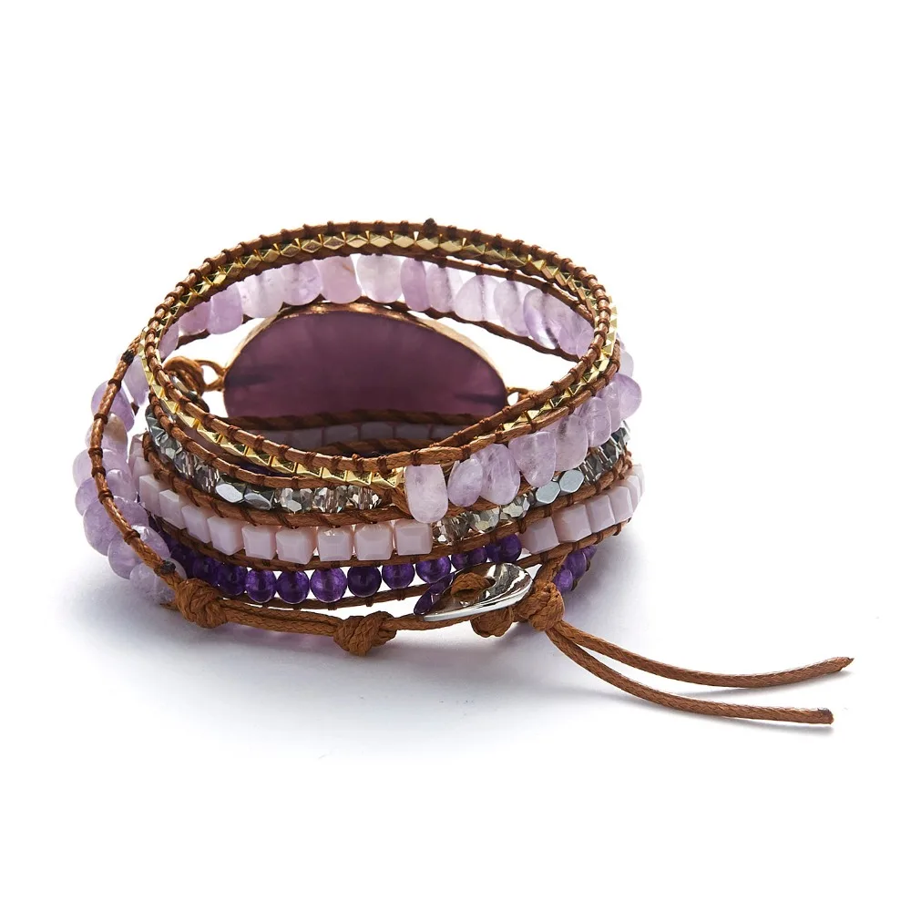 Fashion Natural Stones Crystal Quartz Charm 5 Strands Wrap Bracelets Handmade Boho Bracelet Women Leather Bracelet Jewelry Gift