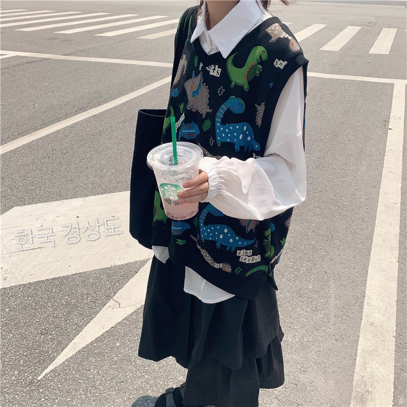 Woherb Женский вязаный жилет с v-образным вырезом Harajuku Kawaii с рисунком динозавра Женский Повседневный безрукавный вязаный жилет