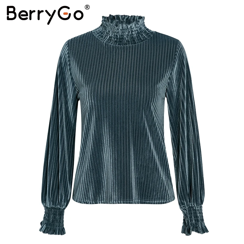 BerryGo, винтажная водолазка, полосатая бархатная блузка, женская мода, рукав-фонарик, Женский Топ, рубашки, Осень-зима, свободная женская рубашка