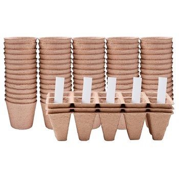

50 Pieces Round 6cm Peat Pot 3 Pack Square Peat Pot with Plant Markers and Garden Tools for Home Plant Starters
